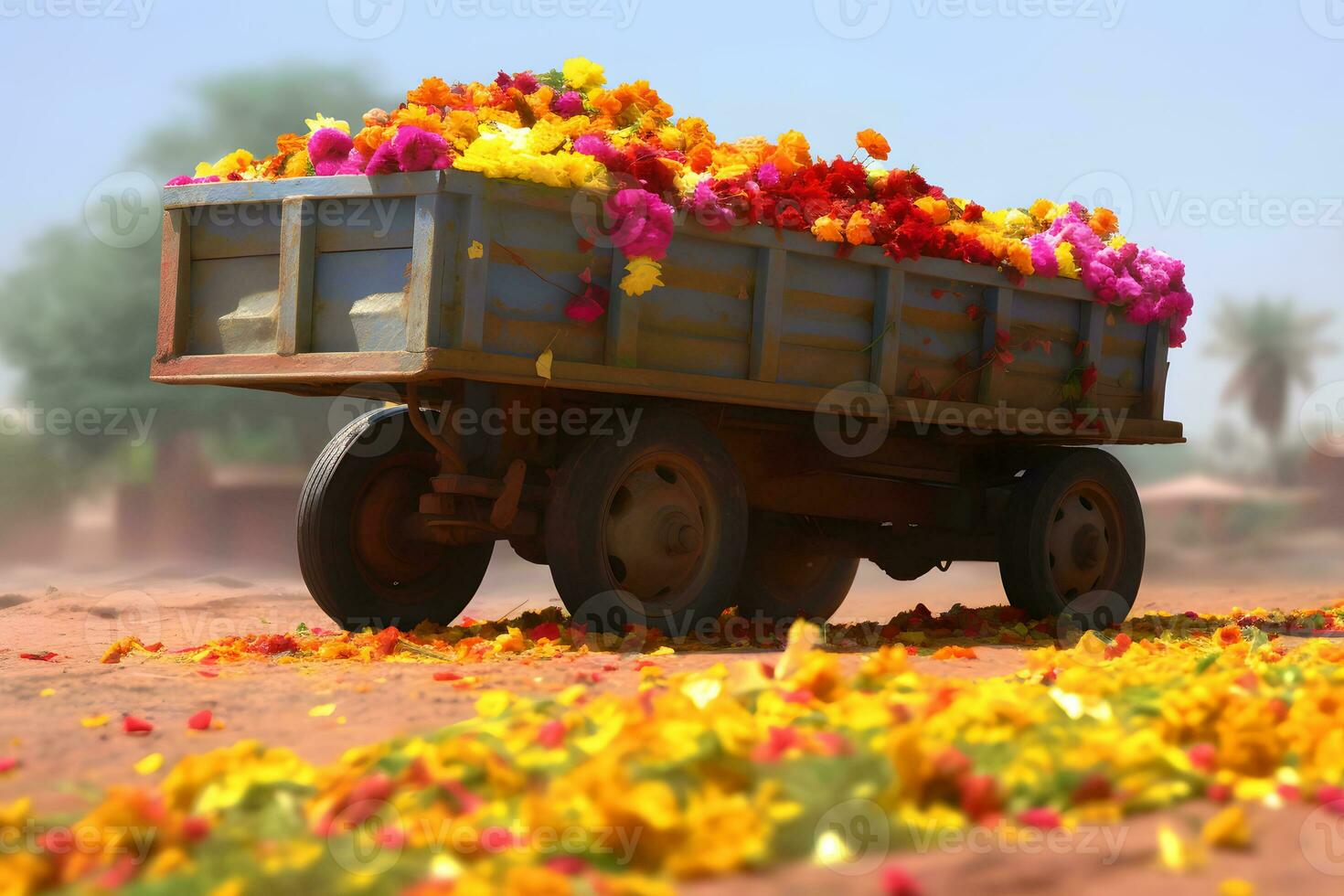 Truck of flowers colorful dalia. Neural network AI generated photo