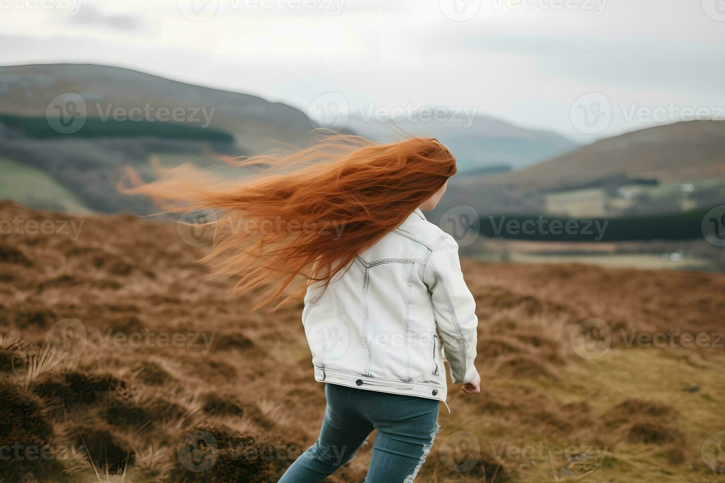 The red-haired girl travels in the mountains. Neural network AI generated photo