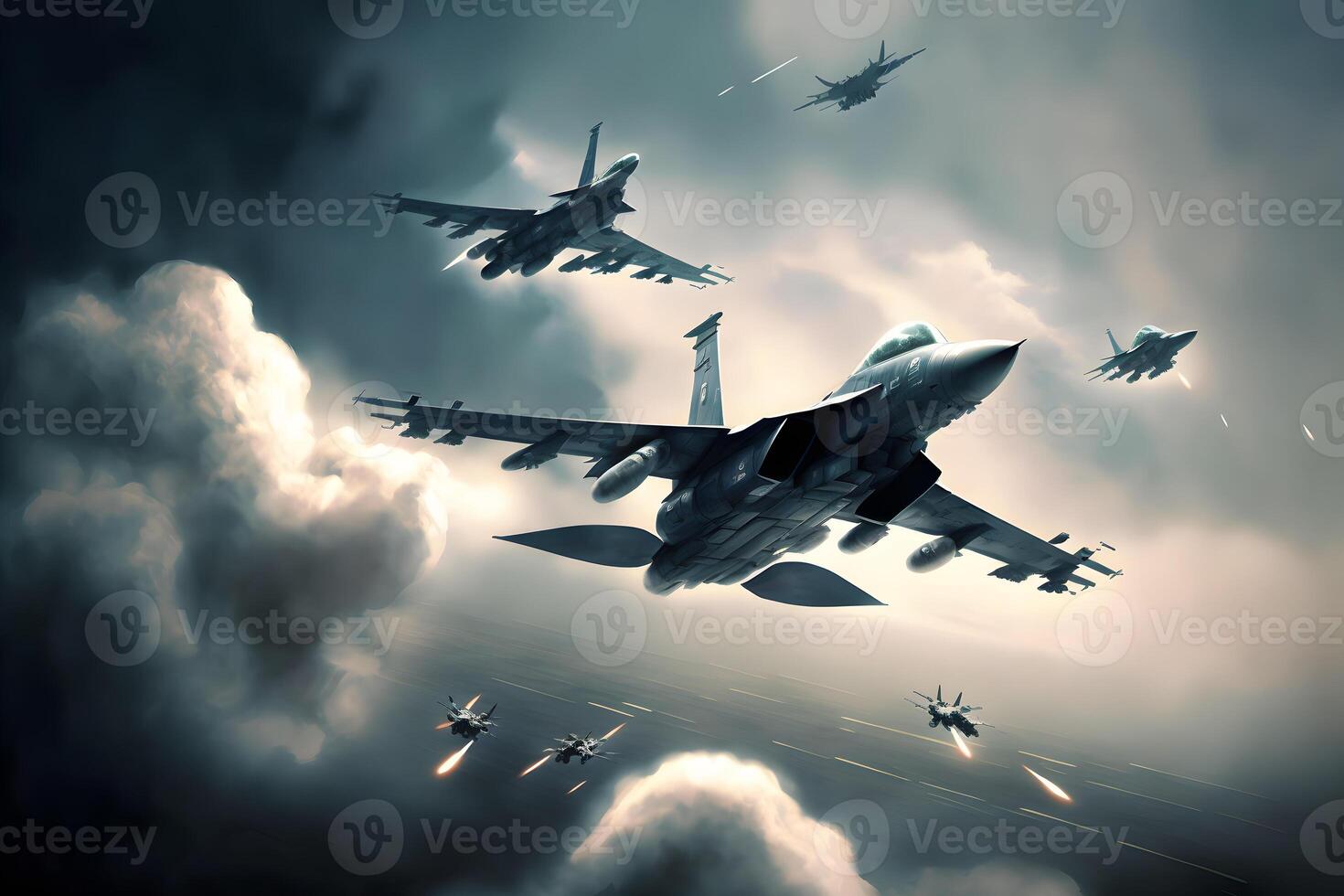 Formation of destroyer jets float in sky during aviation battle. Neural network generated art photo