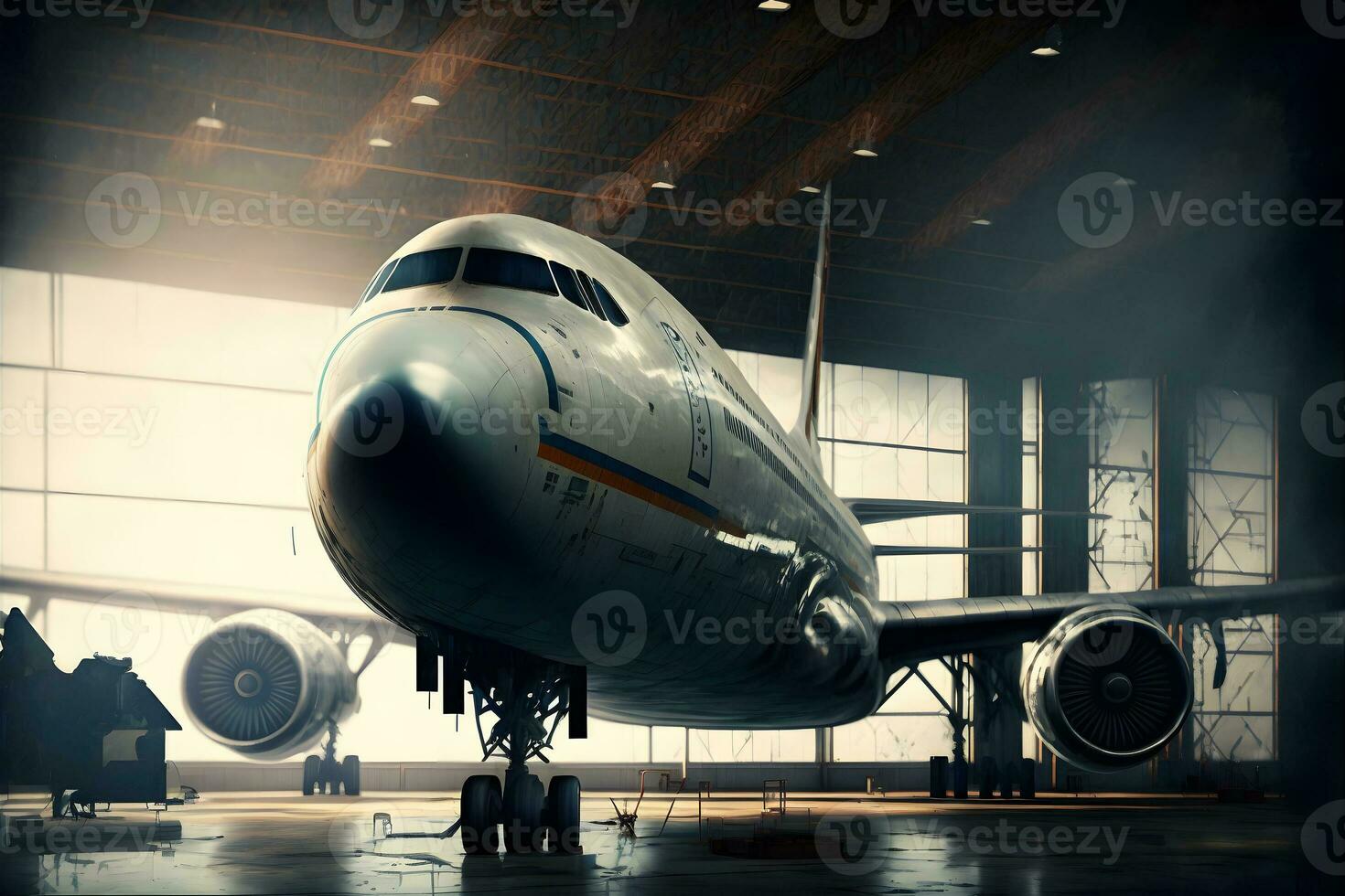 grande pasajero aeronave en mantenimiento en aeropuerto hangar. neural red generado Arte foto