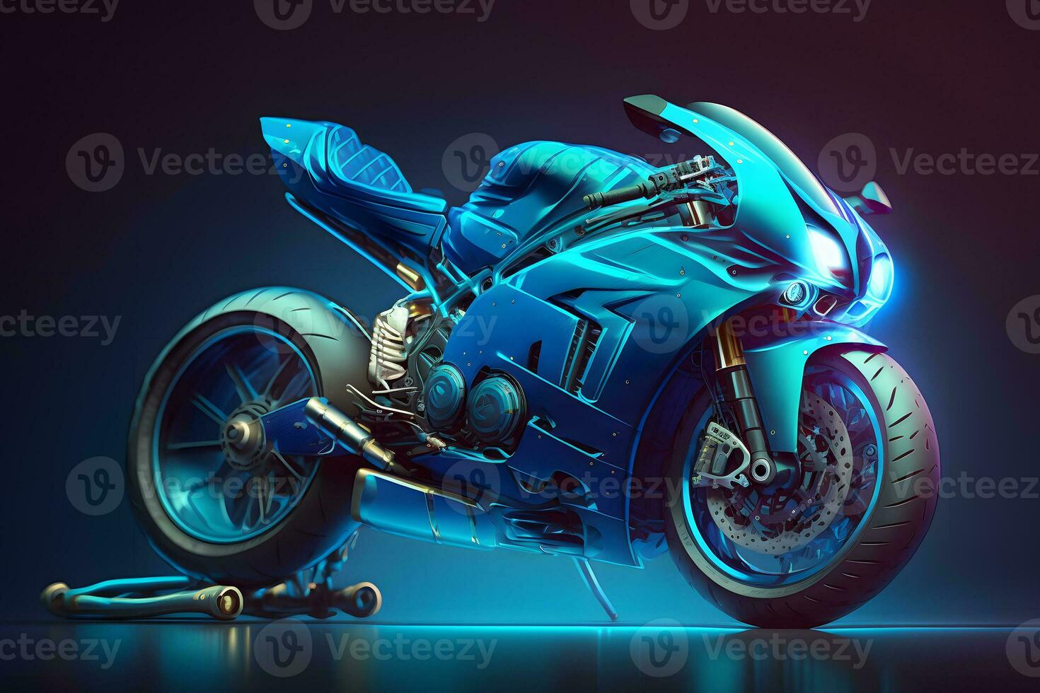 Futuristic custom angled light motorcycle concept with glowing blue tones. Neural network generated art photo