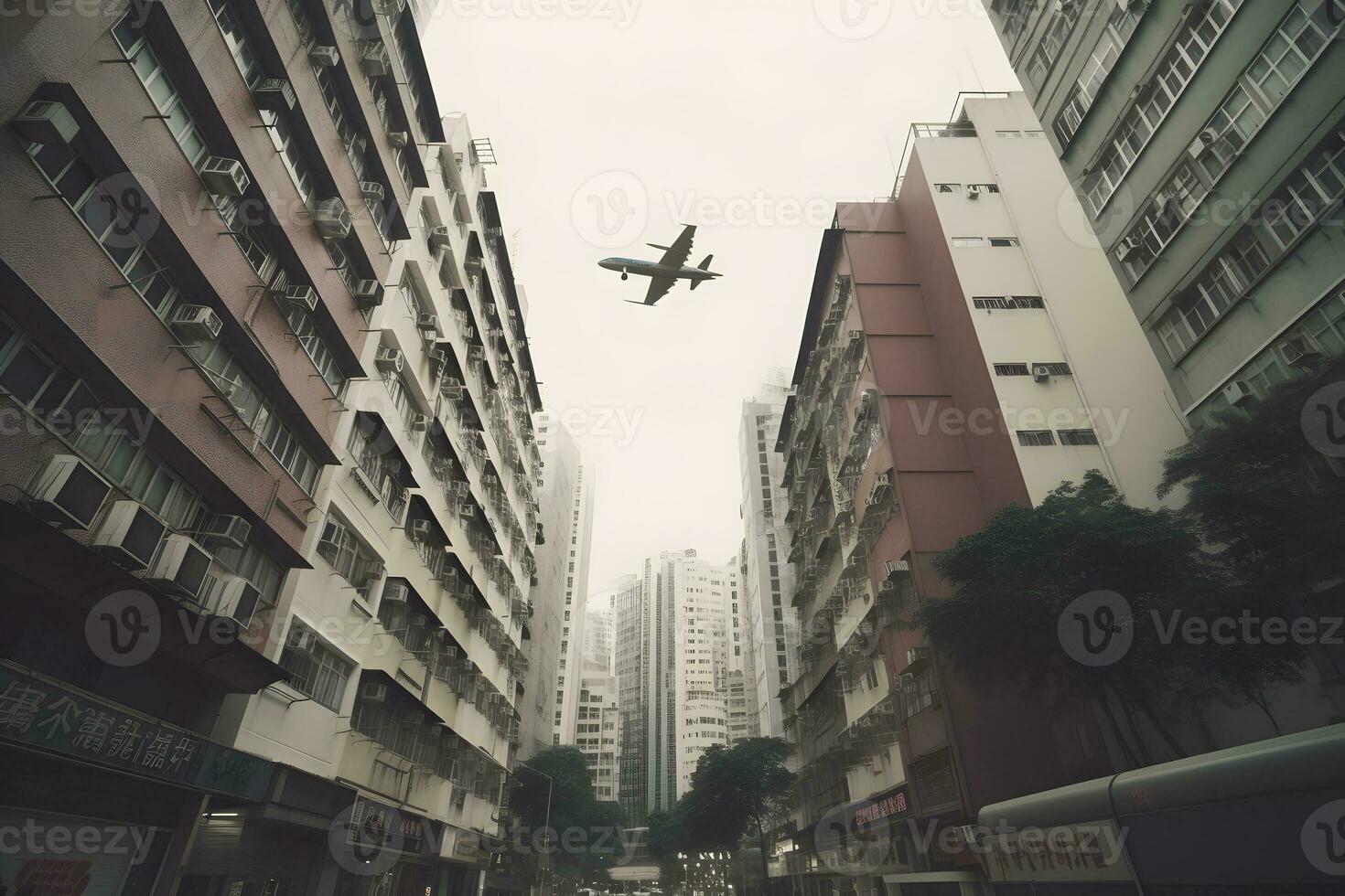 Commercial airplane flying over modern city. Neural network AI generated photo