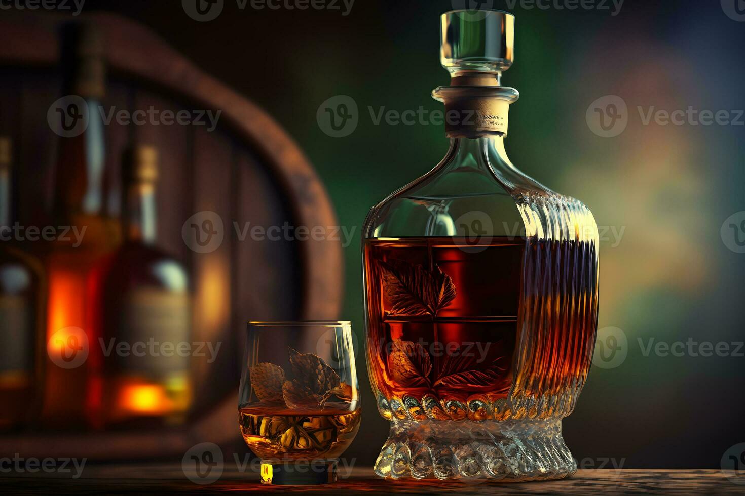 Old whiskey glass close to vintage bottle on wooden table. Neural network generated art photo