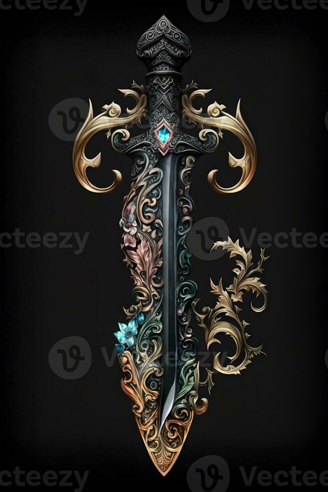 Medieval sword and scabbard. Fantasy golden sword with long blade. Neural network generated art photo