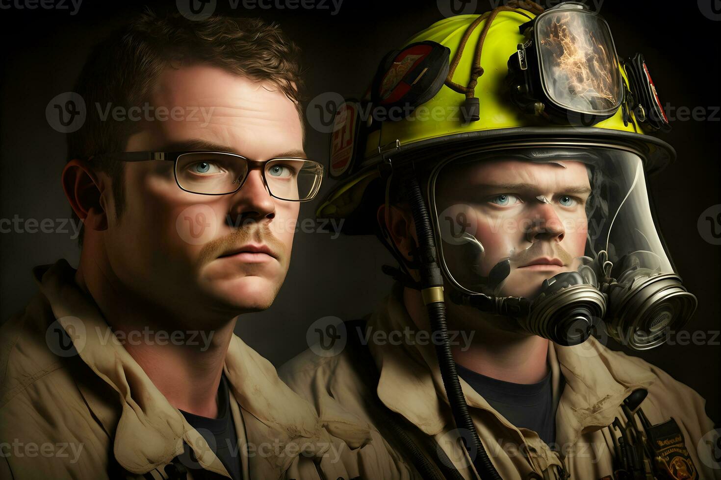 Portrait of firefighters dirty faces in special helmets and firefighters uniforms. Neural network generated art photo
