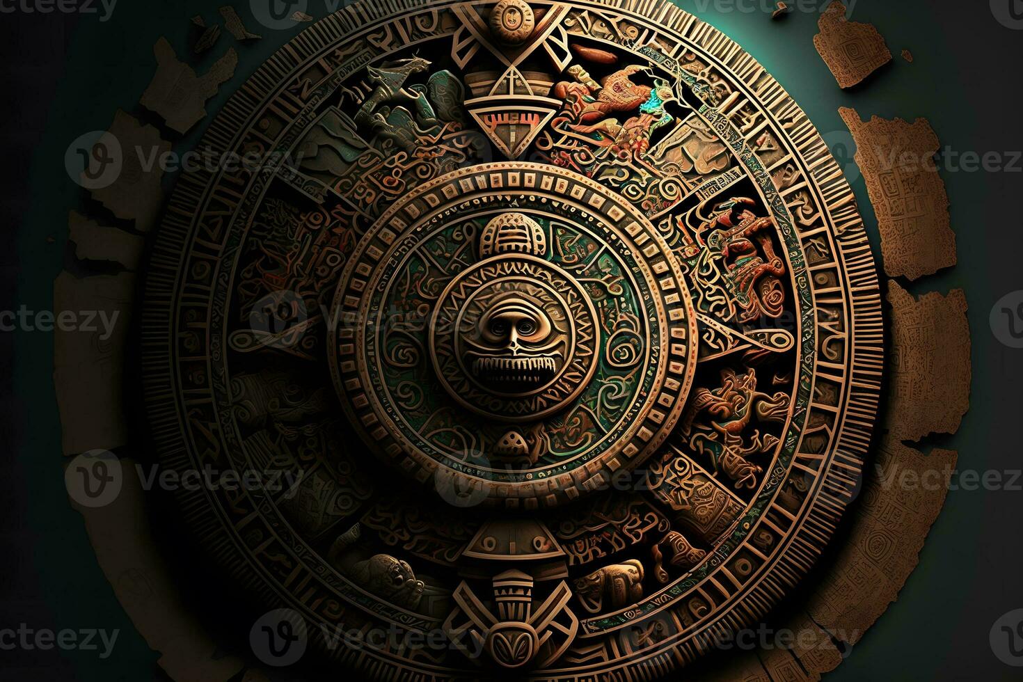 Close view of the ancient Aztec mayan calendar with round pattern and relief on stone surface. Neural network generated art photo