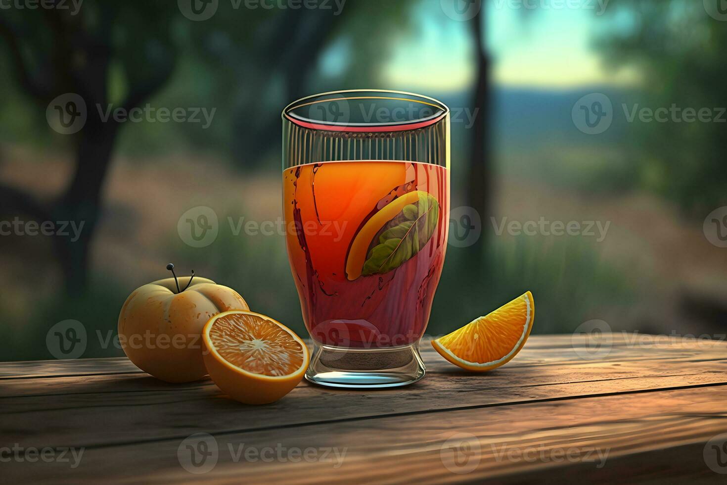 Glass of abstract fruit juice with fresh fruits on wooden table with summer field background. Neural network generated art photo