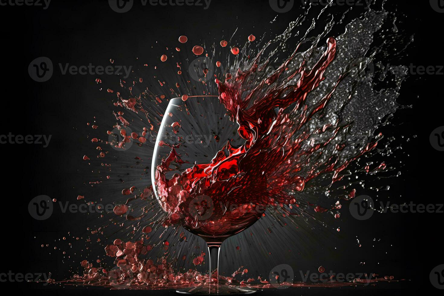 Glass with splash of red wine on black background. Neural network generated art photo