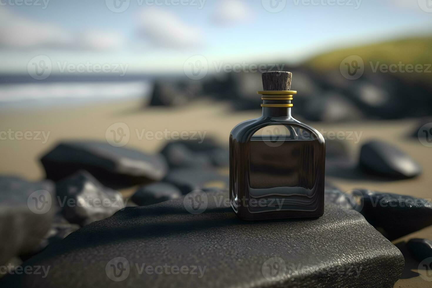 A glass bottle of perfume standing on a sea background. Neural network generated art photo