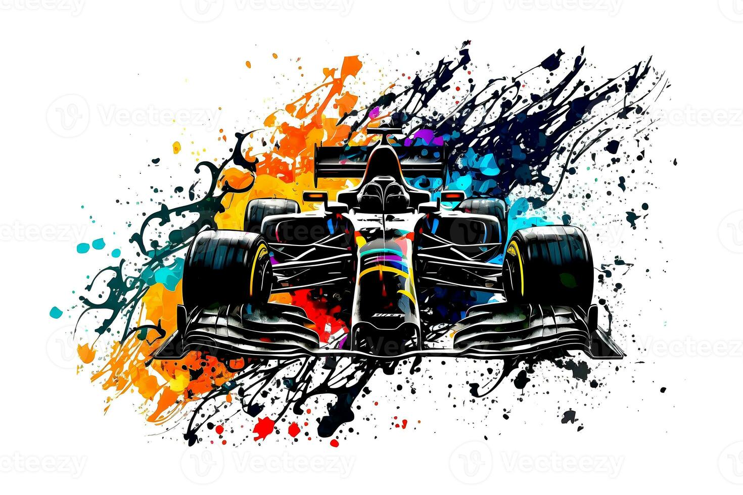 formula one race red car on watercolor rainbow splash, isolated on white. Neural network generated art photo