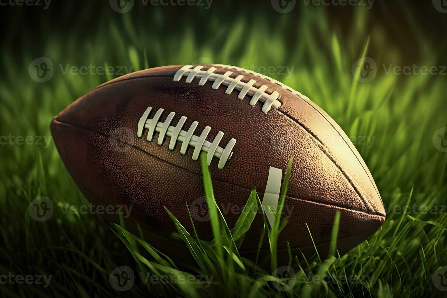 American football ball in the grass. Neural network generated art photo