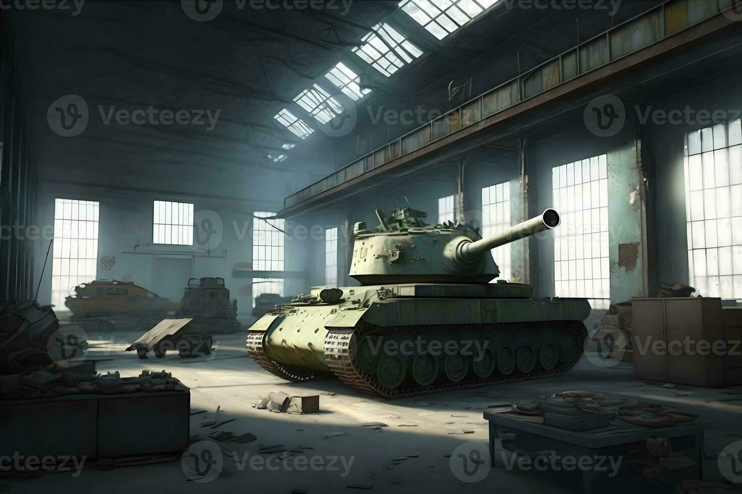 battle tank at a military base in a hangar, an industrial plant. Neural network AI generated photo