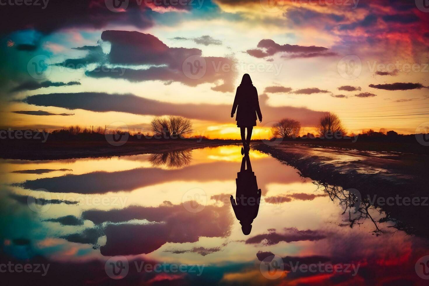 Woman at sunset by the water. Neural network generated art photo