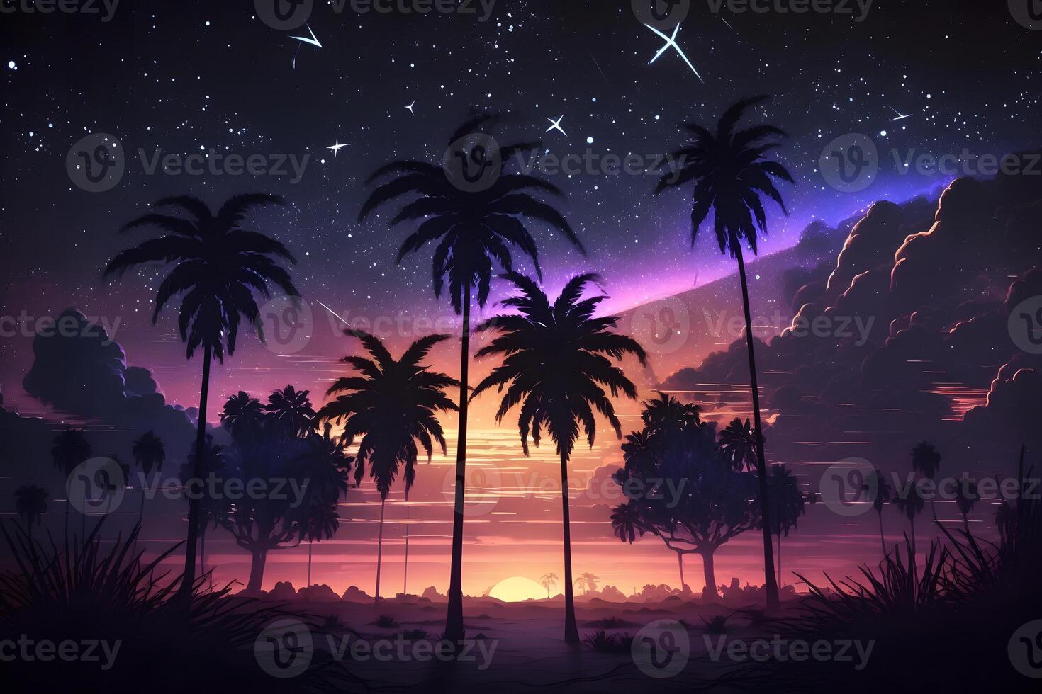 Fantasy futuristic night landscape with palm trees. Neural network AI generated art photo