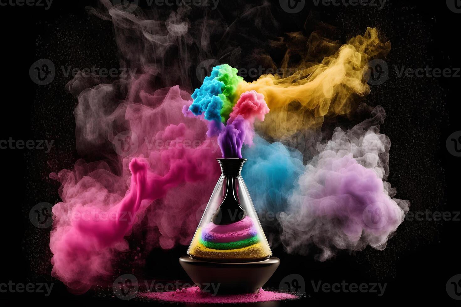 Perfume bottle splash of colored sand paint. Neural network generated art photo