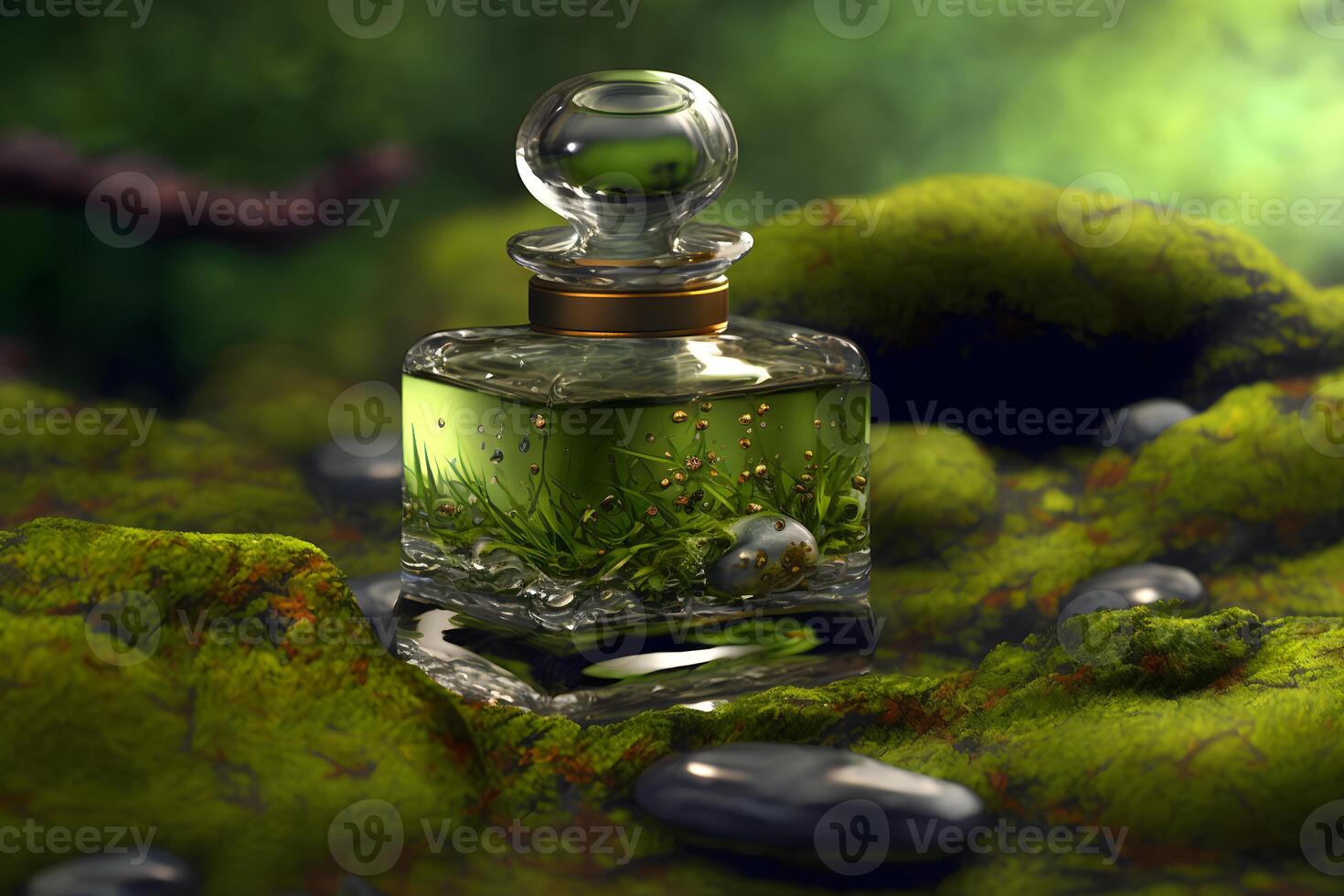 Perfume bottle in a green forest on a mossy substrate. Neural network generated art photo