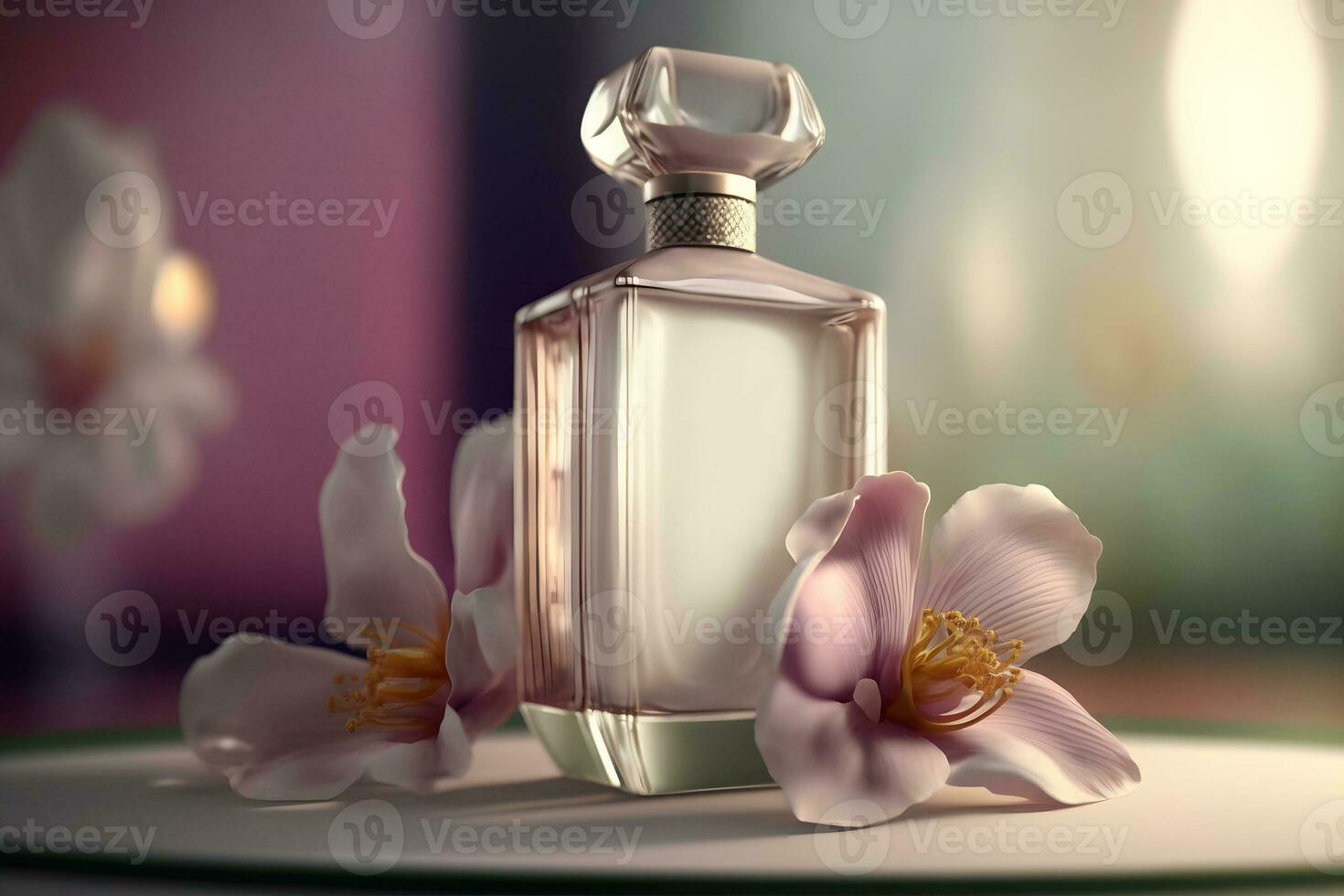 Beautiful women's perfume bottle with orchids. Neural network generated art photo