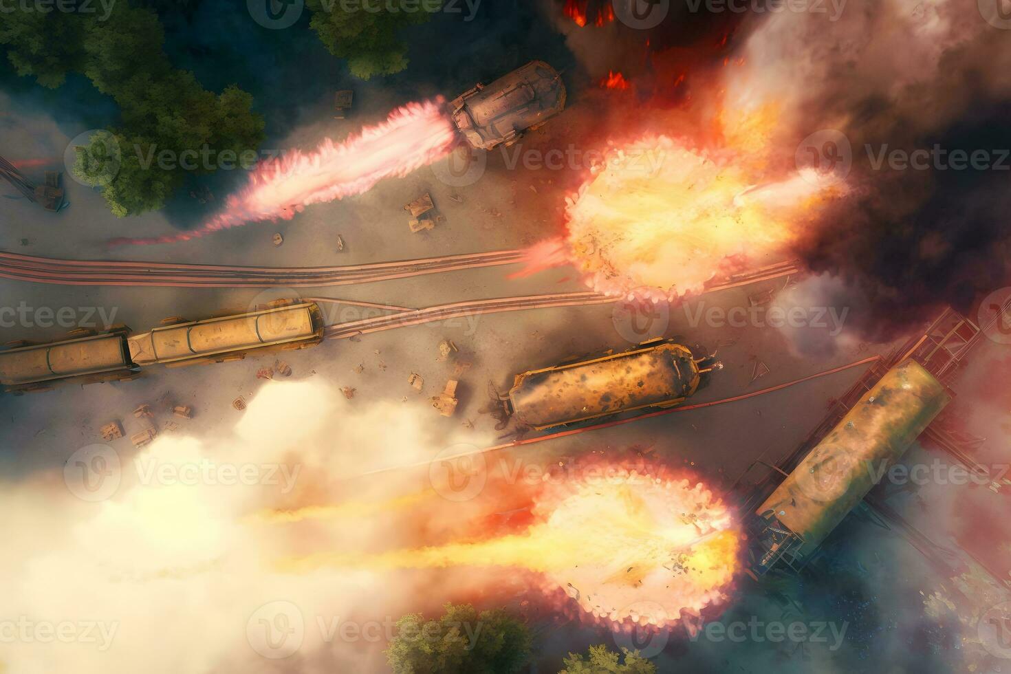 explosion of wagons at the railway station. Neural network AI generated photo