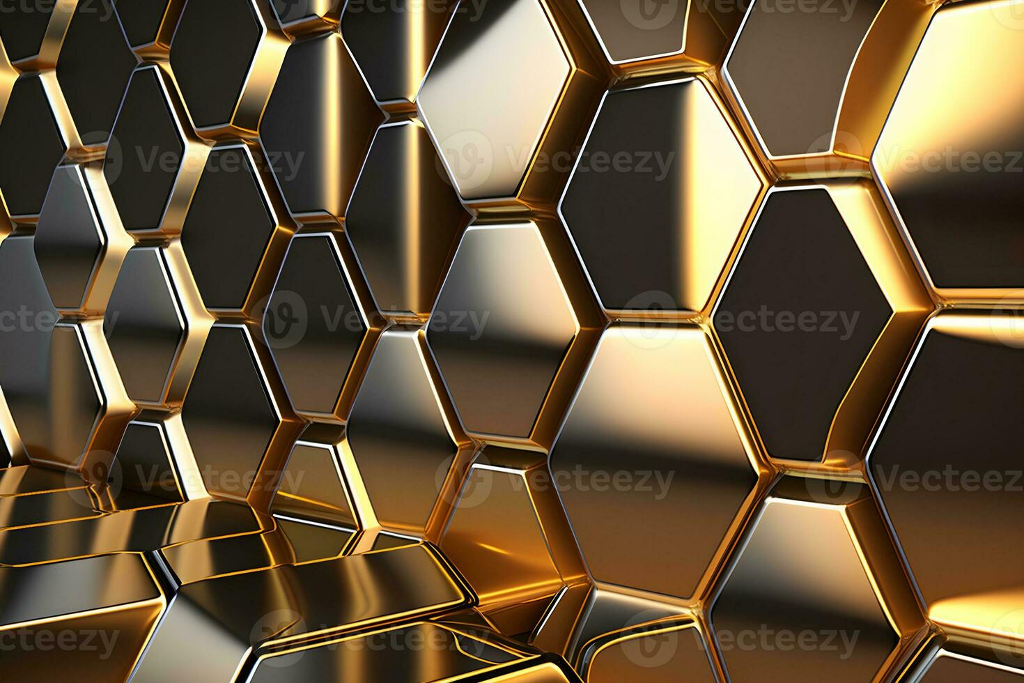 Illustration of shiny honeycomb gold background. Neural network AI generated photo
