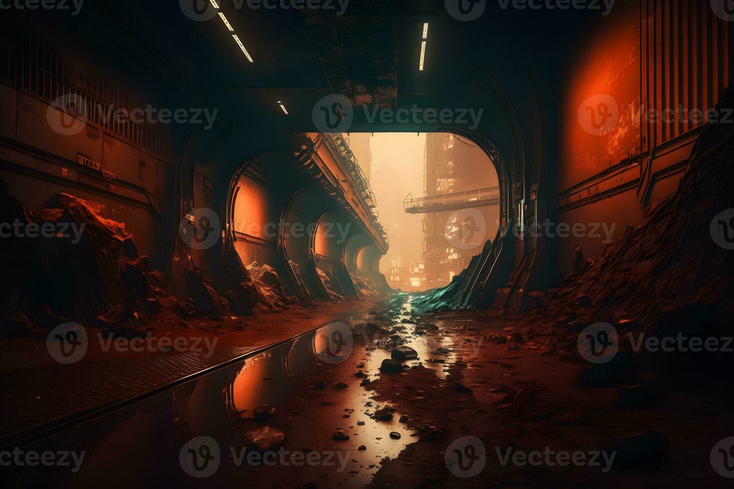 Postapocalyptic tunnel after rain with orange radioactive dust. Neural network AI generated photo