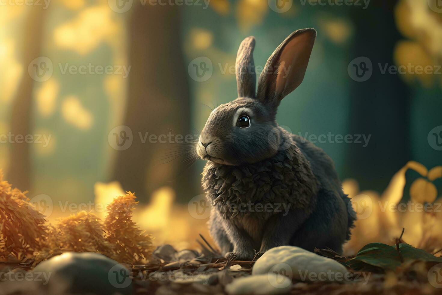Cute brown hare, lepus europaeus, jumping closer on grass in spring nature. Young brown rabbit coming forward in green wilderness. Neural network AI generated photo