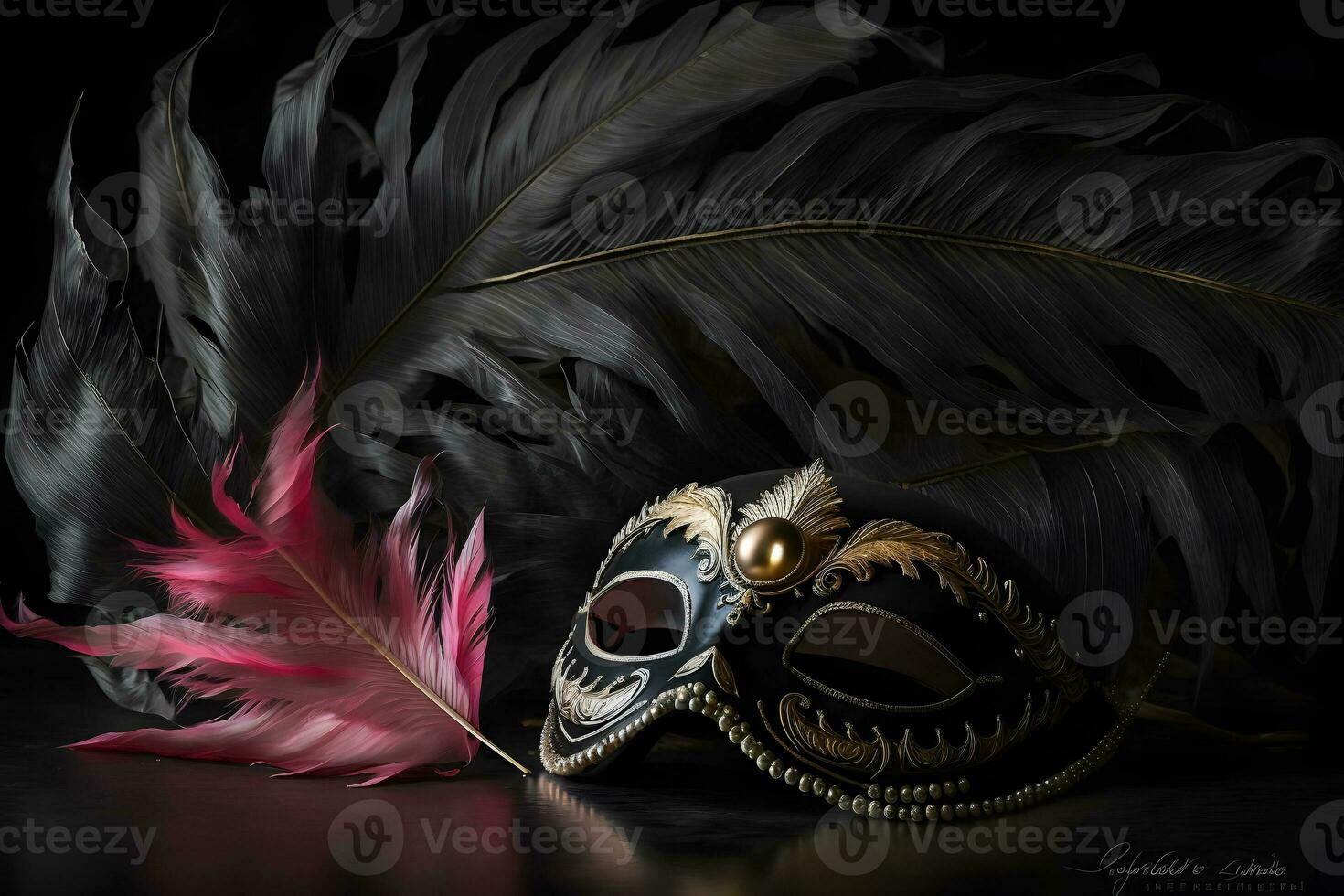 Carnival time. Venetian mask with feathers on black background, Neural network AI generated photo