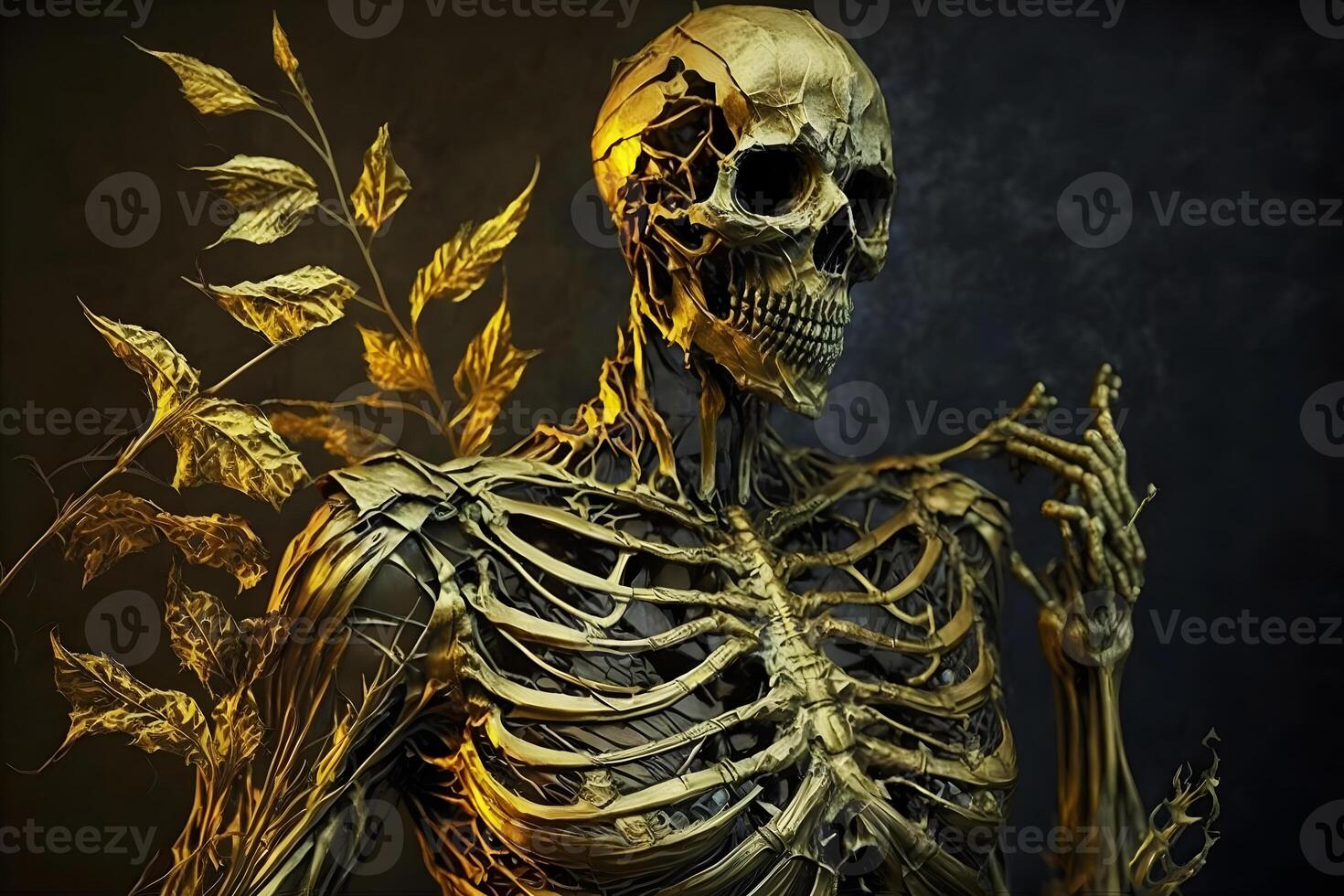 Scary skeleton on fire. Neural network AI generated photo
