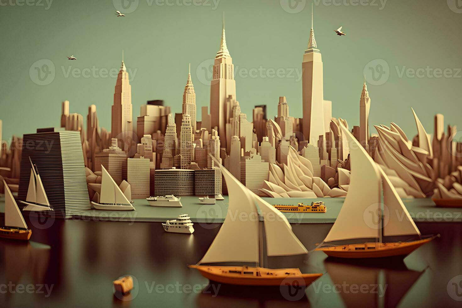 View of the city of New York from paper in the style of origami. Neural network AI generated photo