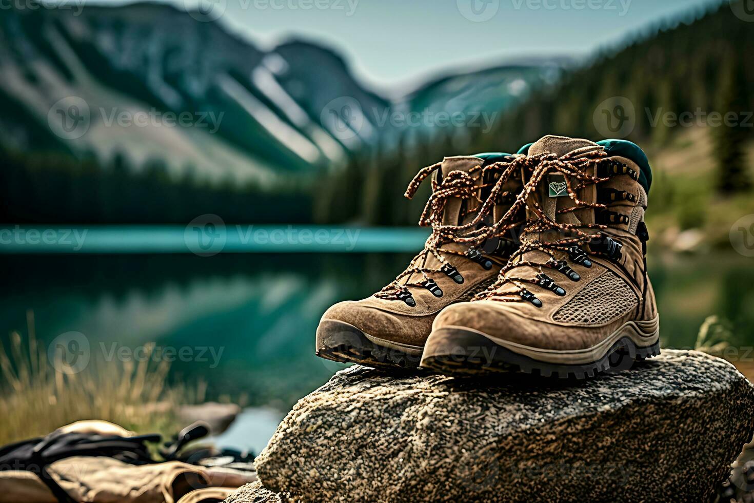 Hiking boots and beautiful natural landscape view. Neural network AI generated photo