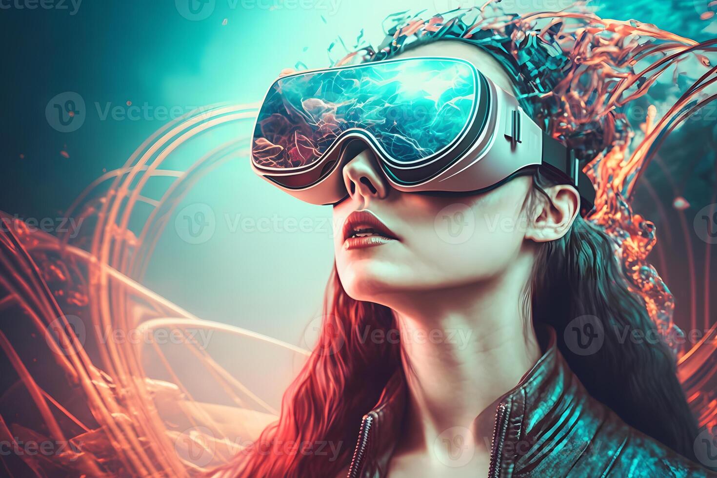 Futuristic woman wearing virtual reality glasses. Neural network AI generated photo