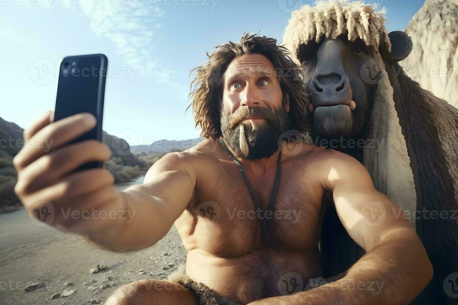 primitivo hombre toma un selfie con un salvaje bestia. neural red ai generado foto