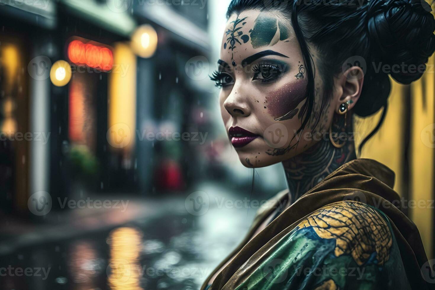 Japanese geisha with tattoo. Neural network AI generated photo