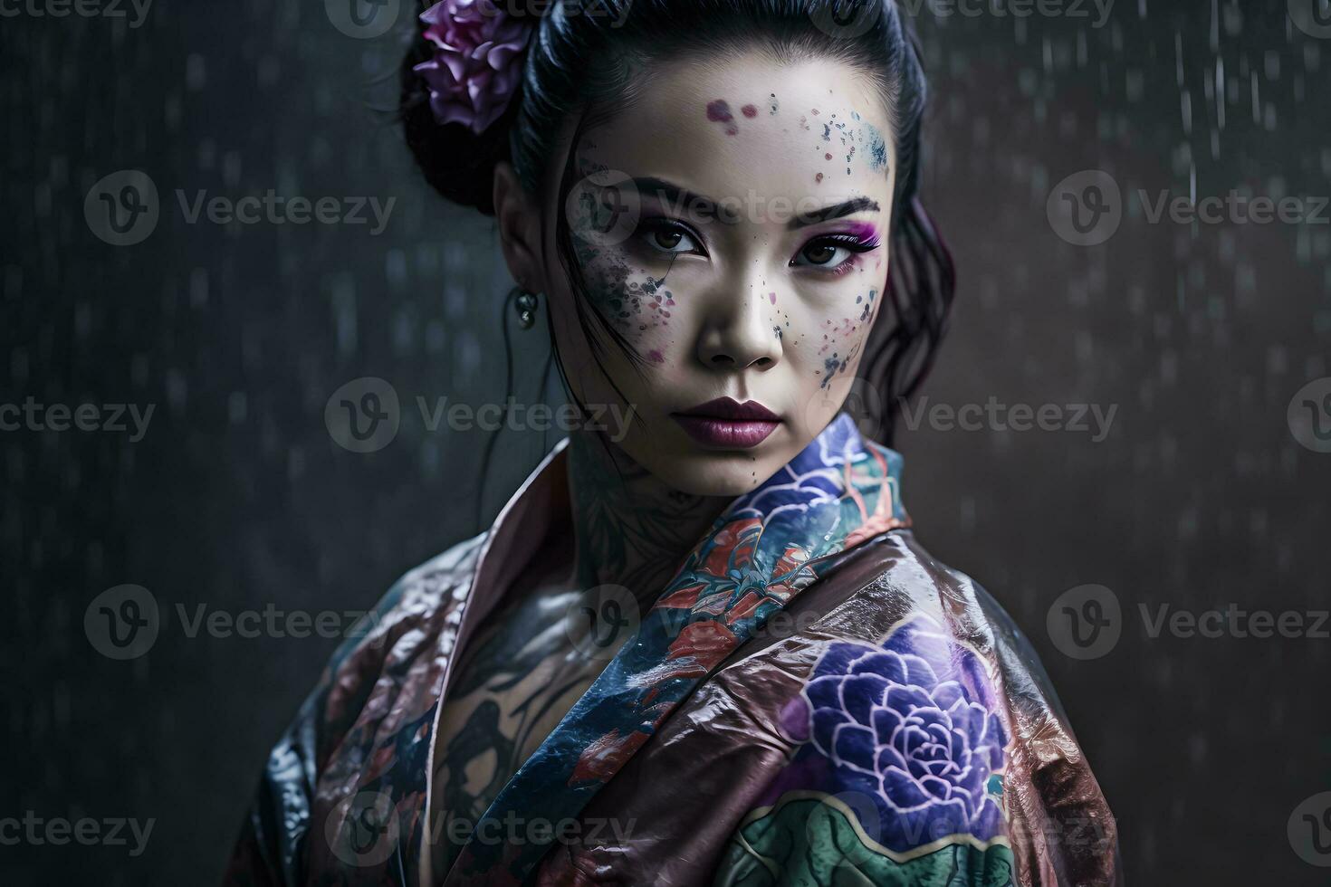 Japanese geisha with tattoo. Neural network AI generated photo