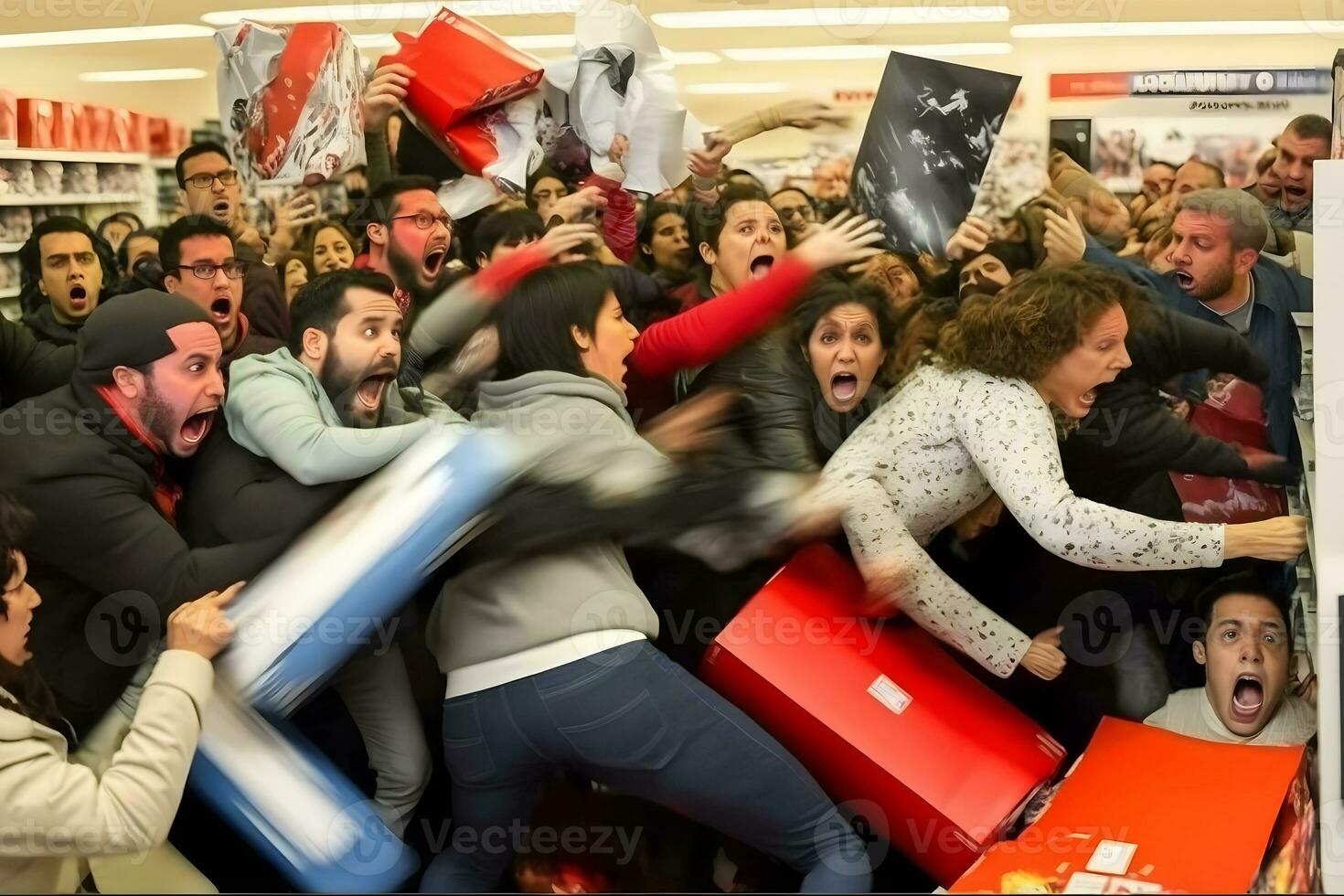 Crowd of people on black friday fighting for promotional goods. Neural network AI generated photo