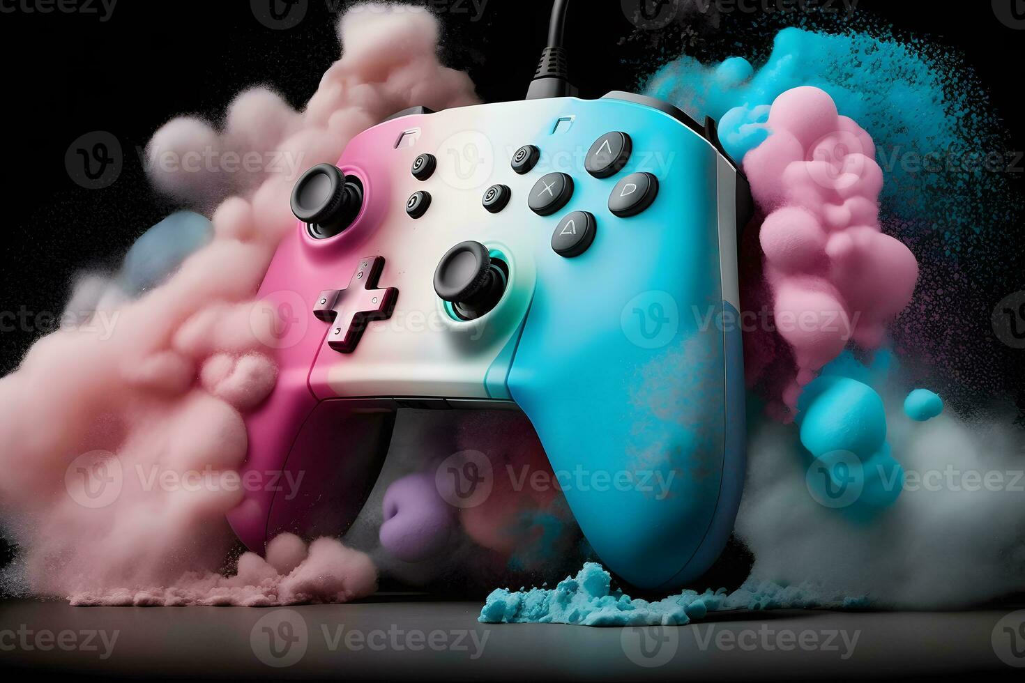 Game joystick on colorful splash background. Neural network AI generated photo