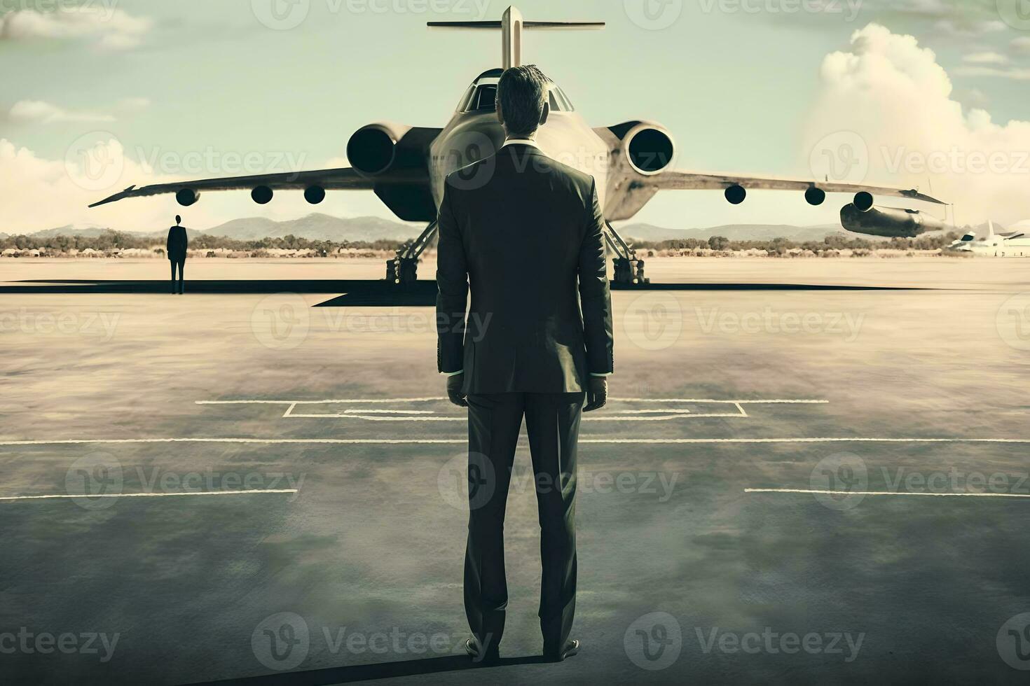 Rear view of businessman walking towards corporate jet. Neural network AI generated photo