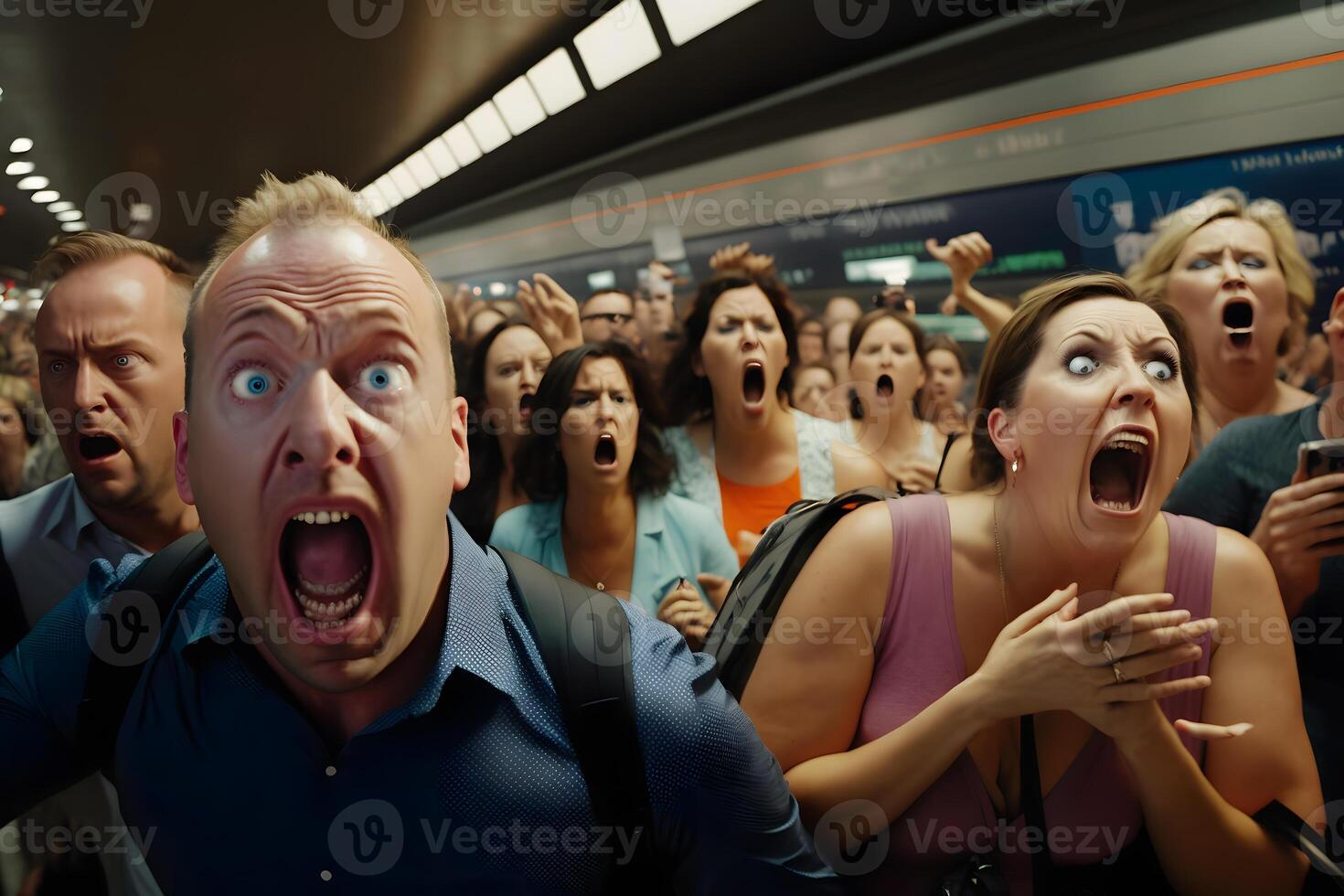 Crowd of panicking people. People scream in fear. Neural network AI