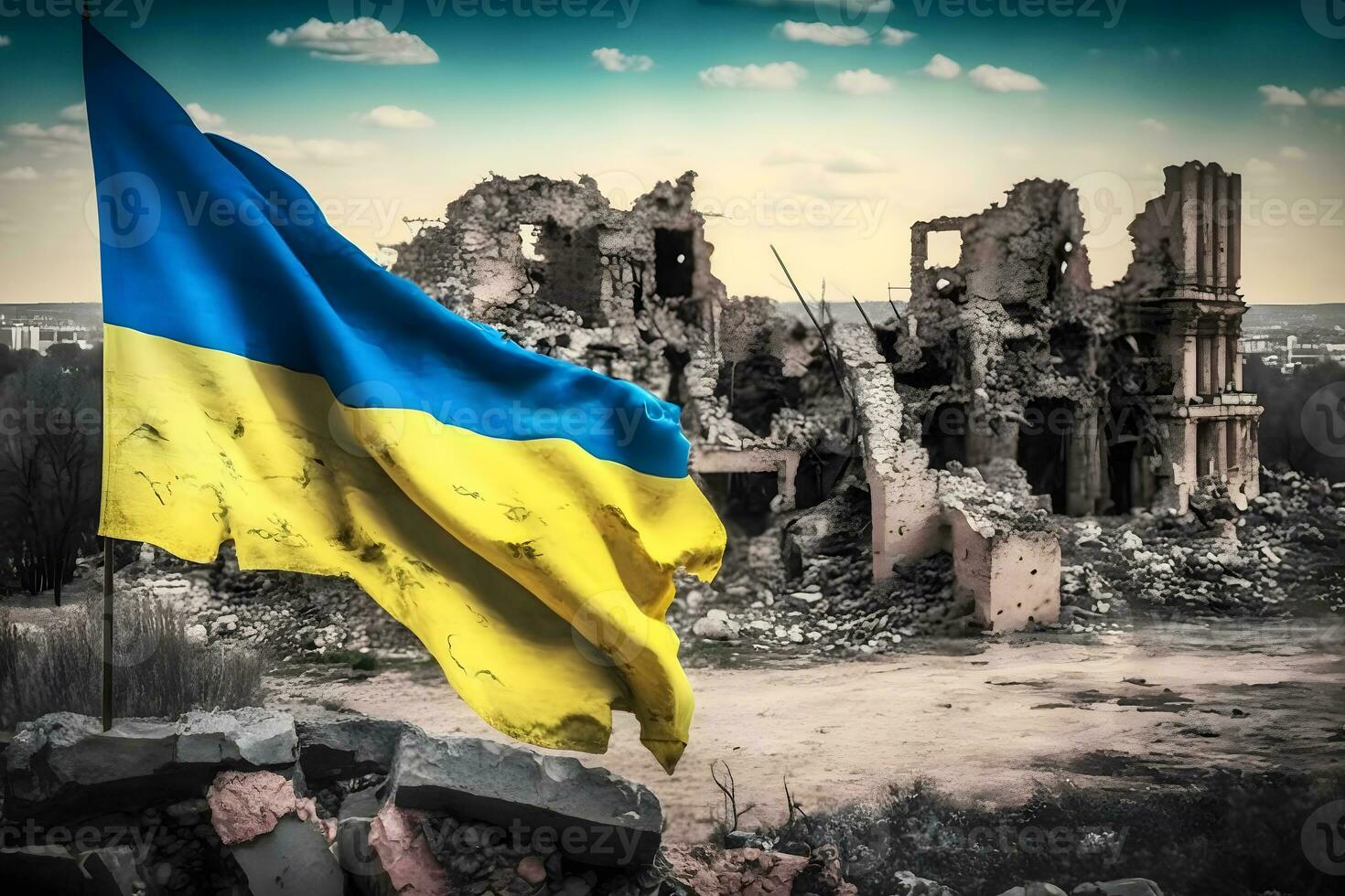 Flag of Ukraine and destroyed building. War concept. Neural network AI generated photo