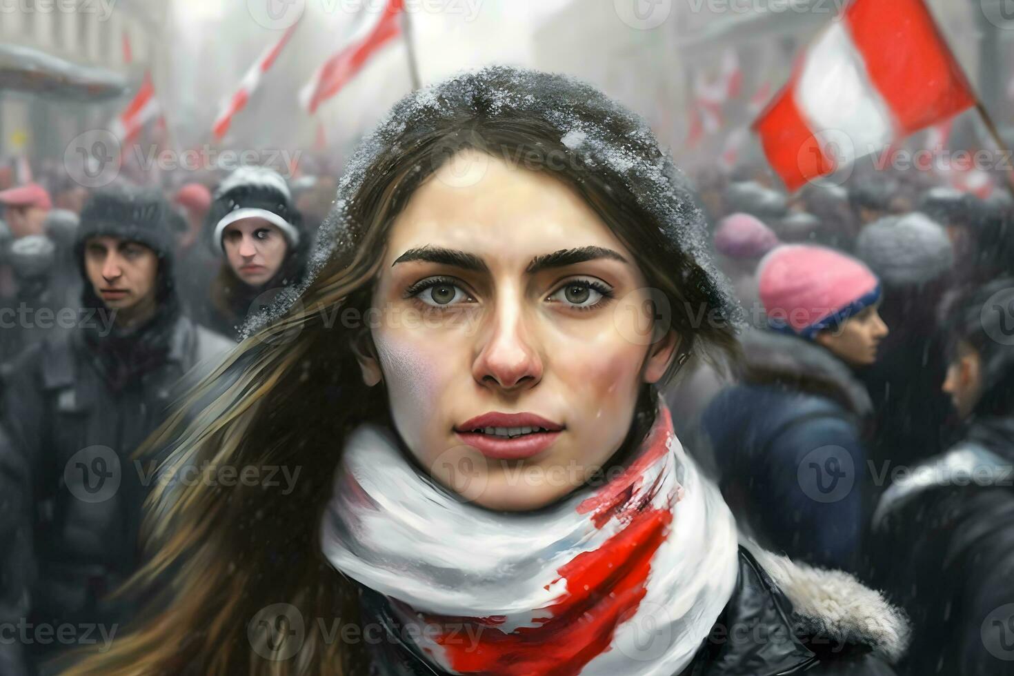Portrait of confident woman in march fighting for freedom. Casual girl in march to protest on equality rights. Neural network AI generated photo