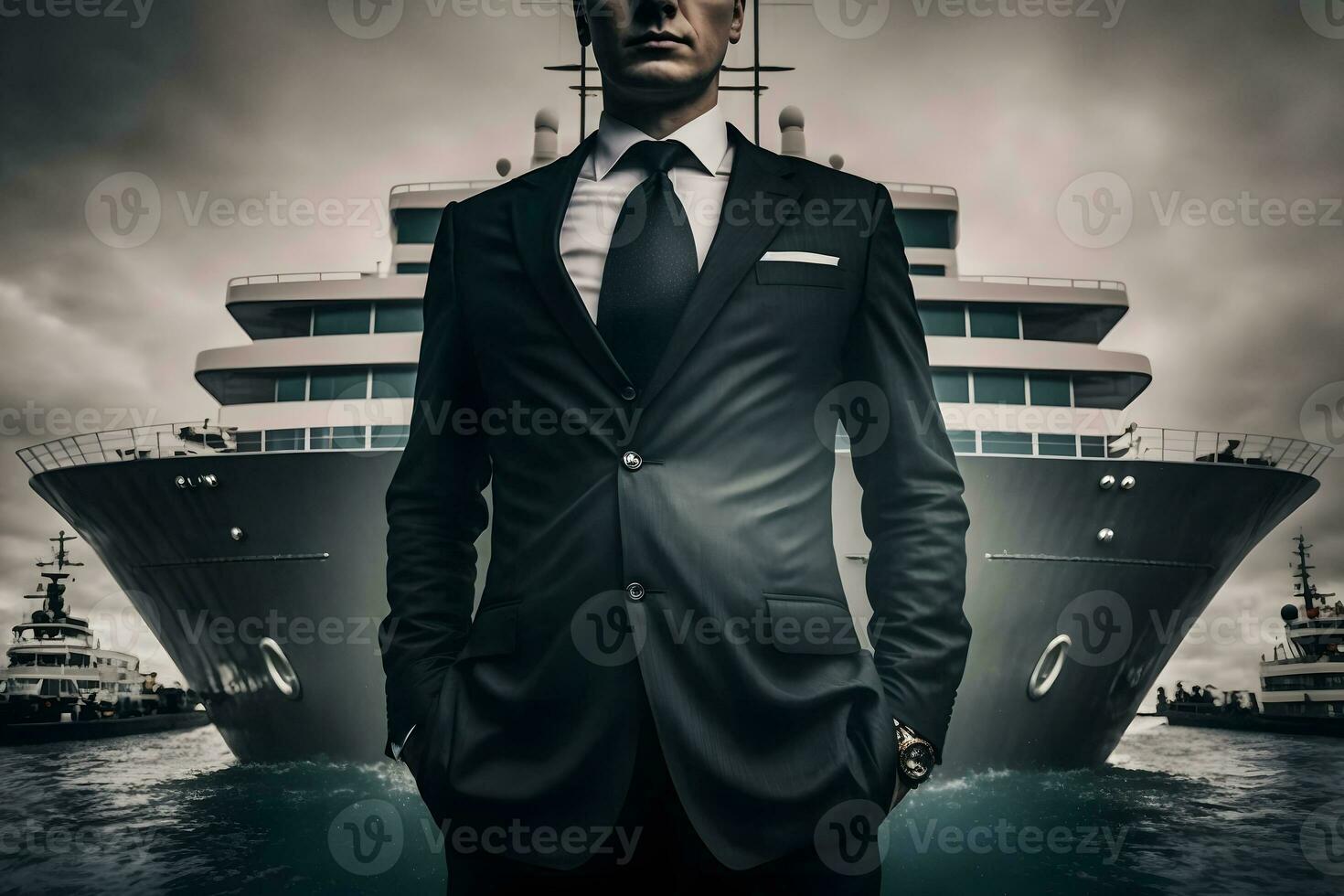 Confident successful businessman on the background of a private yacht. Neural network AI generated photo