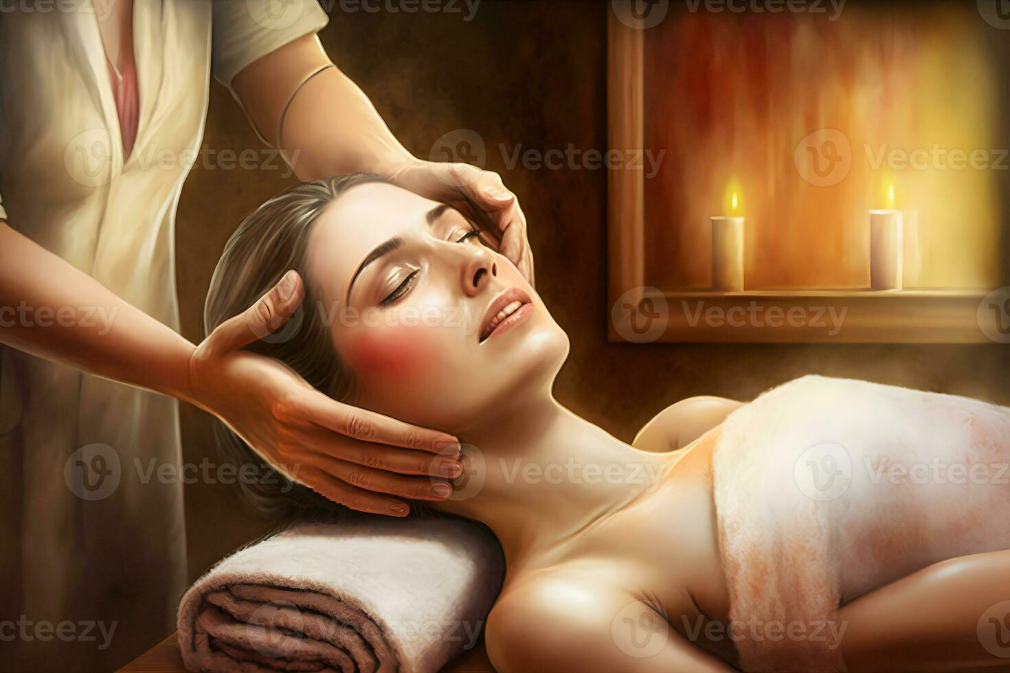 joven mujer teniendo masaje en spa salón. neural red ai generado foto