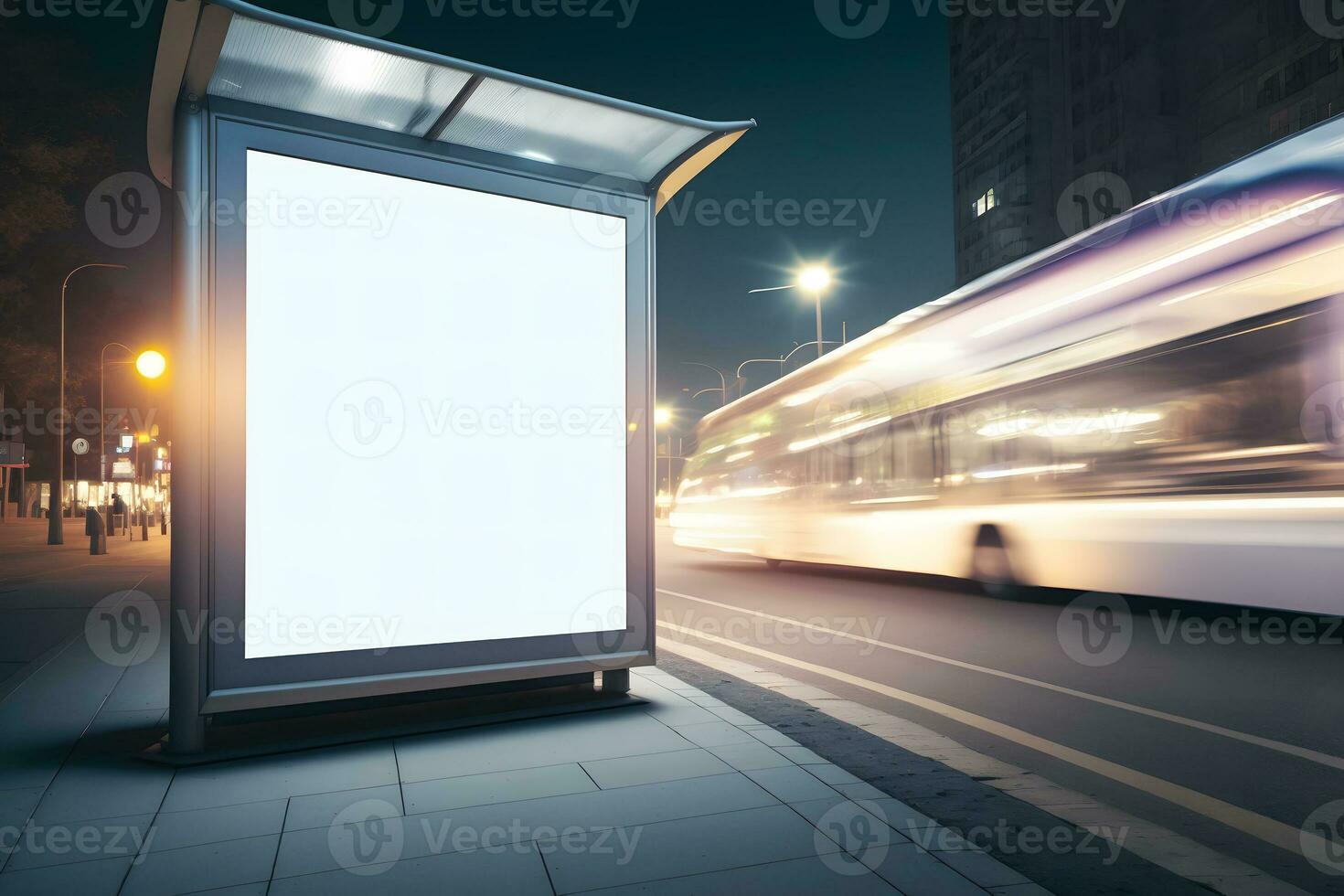 Blank advertising light box on bus stop, mockup of empty ad billboard on night bus station, template banner on background city street for text. Neural network AI generated photo