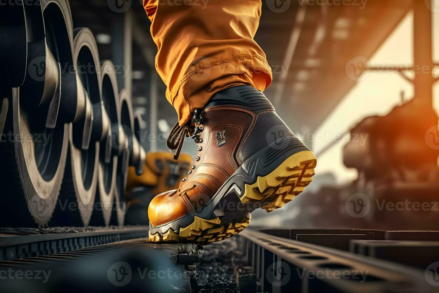 Close-up safety working shoe on a worker feet is standing at the factory. Neural network AI generated photo