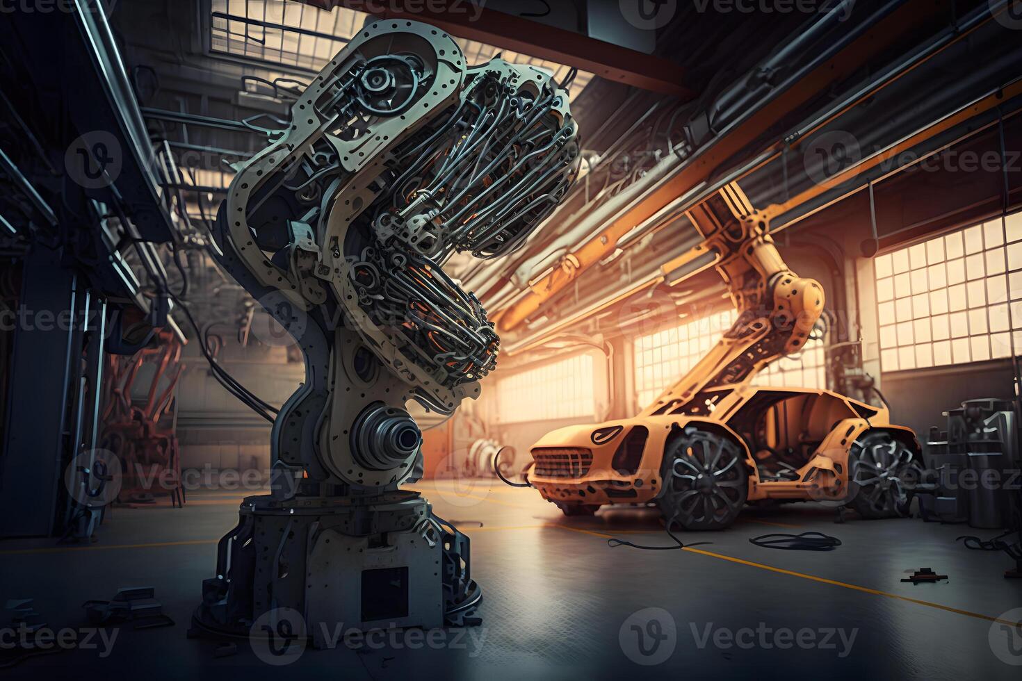 New robot setting of machine welding for the production line of vehicle industrial factory. Neural network AI generated photo