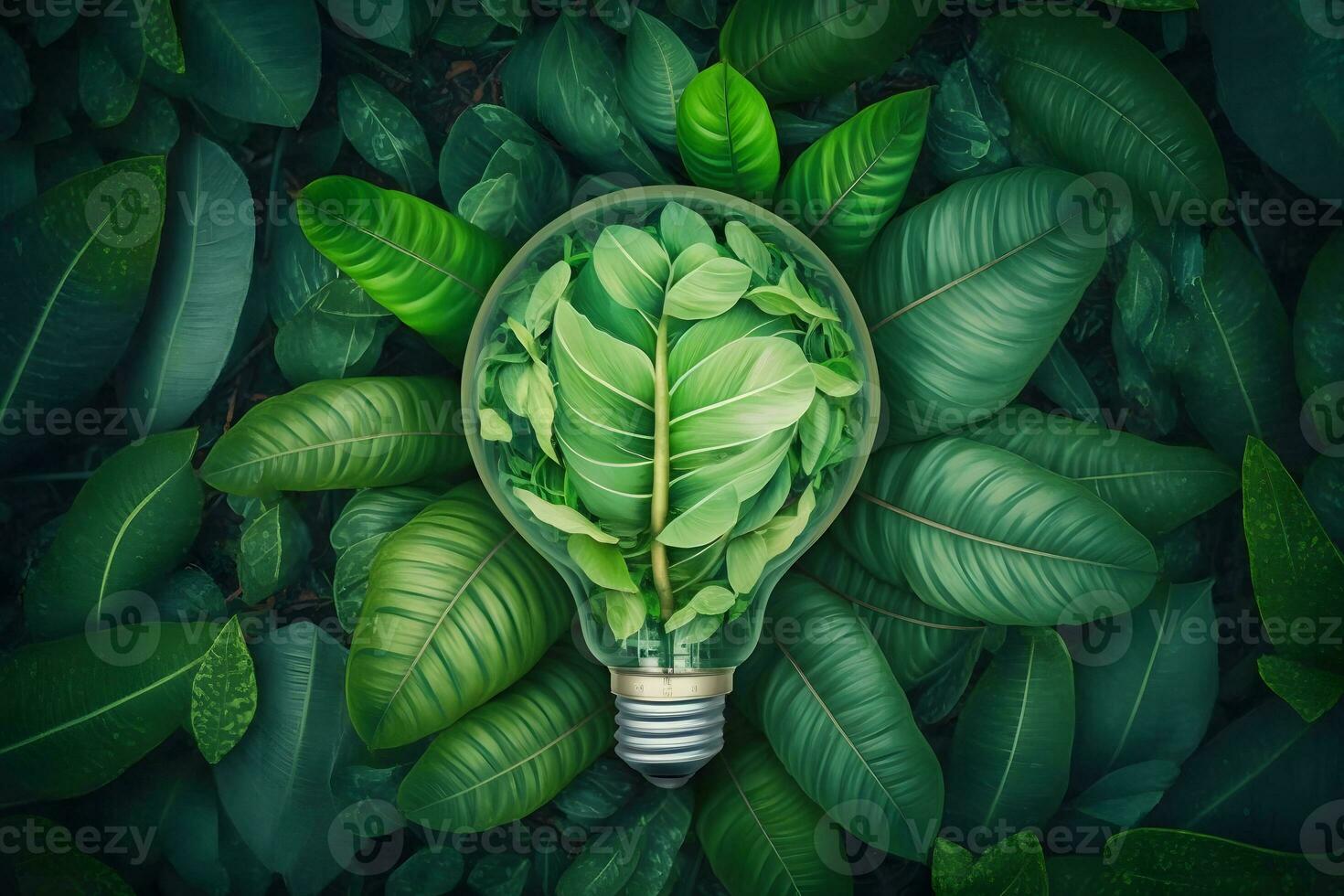 light bulb against nature on green leafs energy sources for renewable, sustainable development. Ecology concept. Neural network AI generated photo