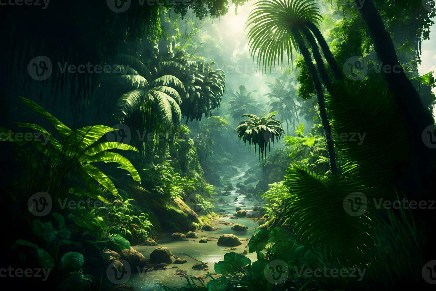 Asian tropical jungle rainforest in daytime. Neural network generated art photo