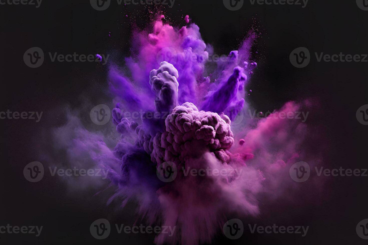 Explosion of purple and violet color paint powder on black background. Neural network generated art photo