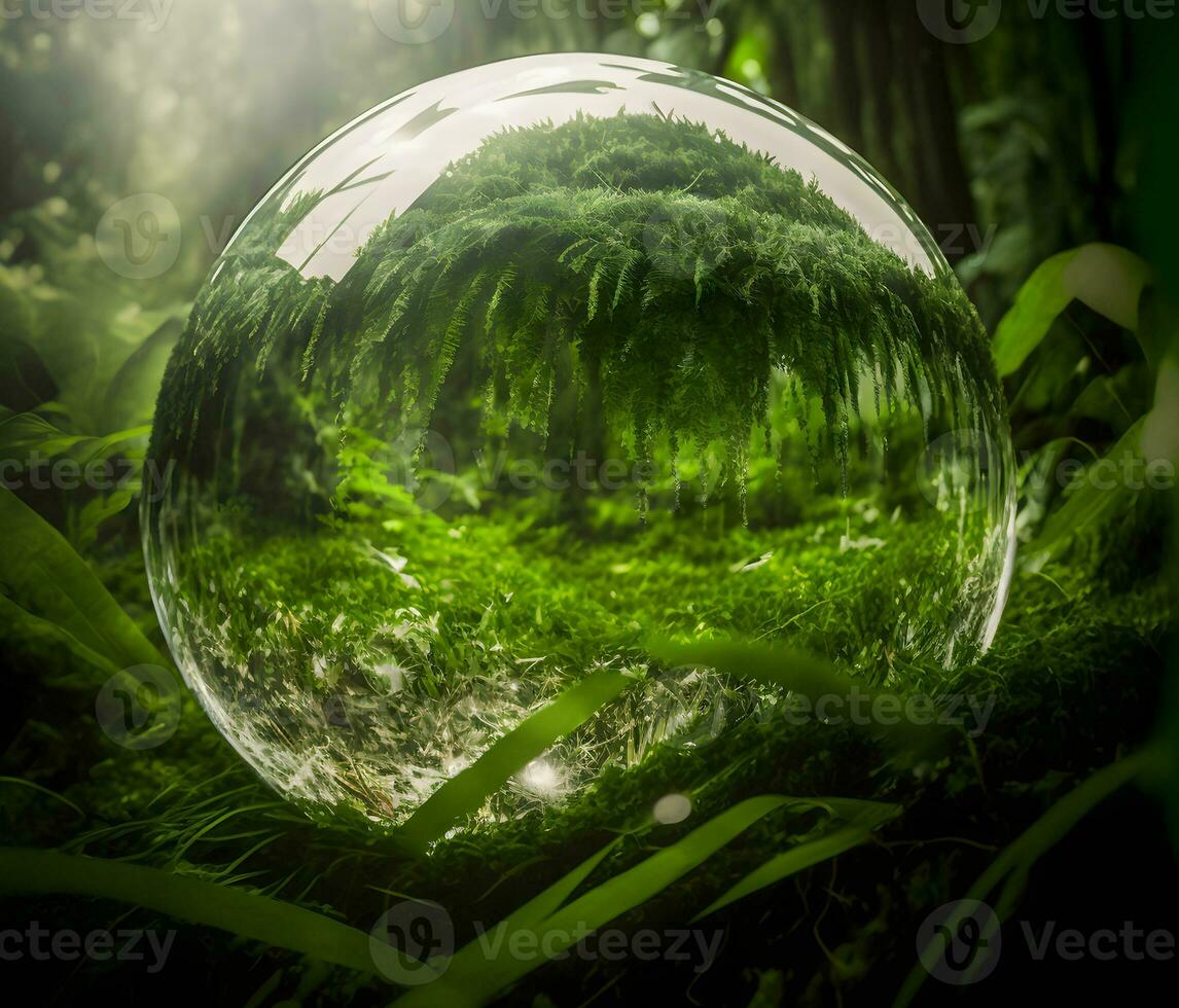 Crystal ball on green grass with reflection of green vegetation inside. Neural network generated art photo