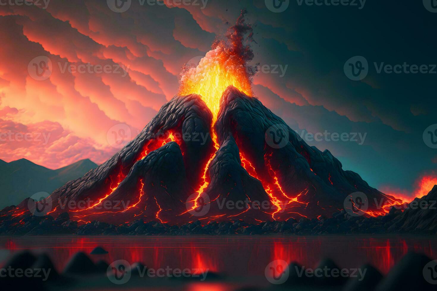 Night fantasy landscape with abstract mountains and island on the water, explosive volcano with burning lava. Neural network generated art photo