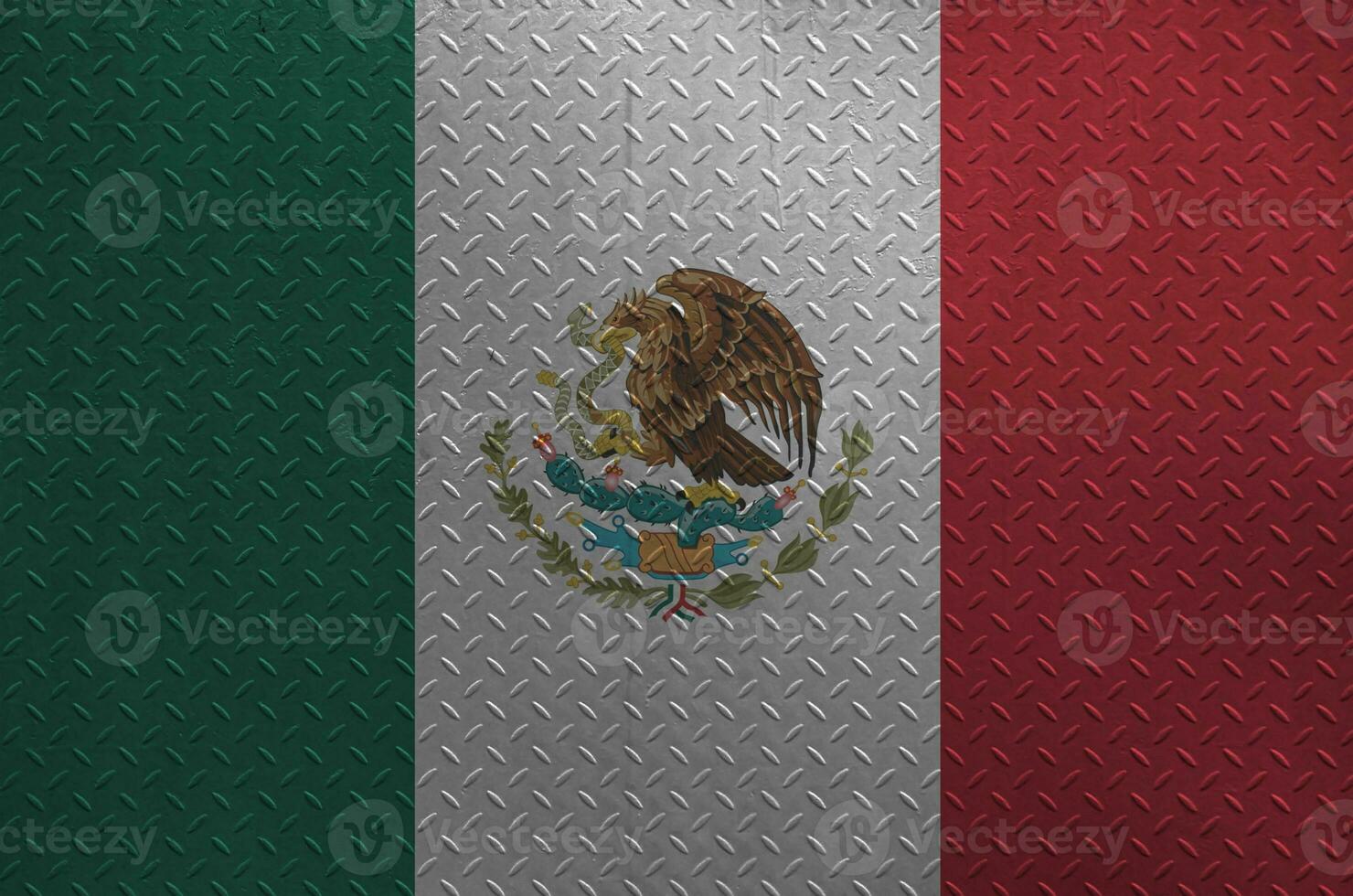 Mexico flag depicted in paint colors on old brushed metal plate or wall closeup. Textured banner on rough background photo